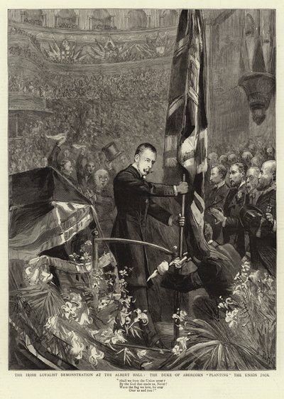 Demonstrace irských loajalistů v Albert Hall, vévoda z Abercornu zasazující Union Jack od Sydney Prior Hall