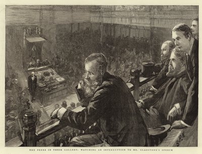 Peers ve své galerii sledují přerušení projevu pana Gladstonea od Sydney Prior Hall