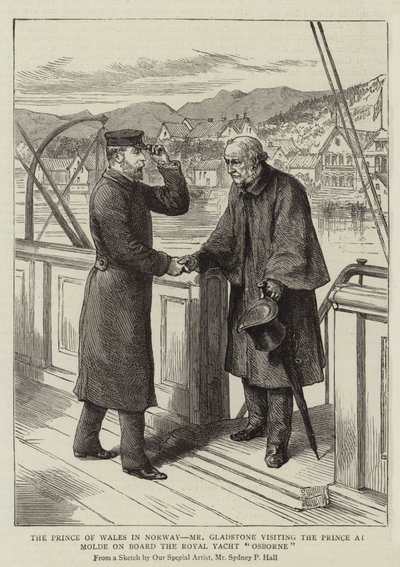 Princ z Walesu v Norsku, pan Gladstone na návštěvě prince v Molde na palubě Royal Yacht Osborne od Sydney Prior Hall