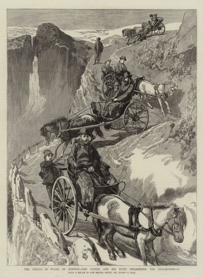 Princ z Walesu v Norsku, princ a jeho suita sestupující po Stalheimsklev od Sydney Prior Hall