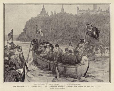 Průvod kánoí v Ottawě, kanadští lodníci zpívající staré písně voyageurů od Sydney Prior Hall