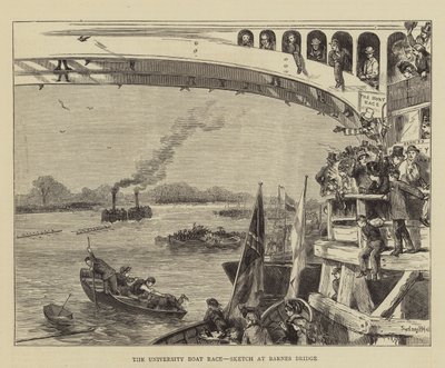 Univerzitní závod lodí, skica na mostě Barnes Bridge od Sydney Prior Hall