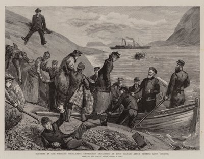 Turisté v západní vysočině, cestující nalodění u jezera Loch Scavaig po návštěvě jezera Loch Coruisk od Sydney Prior Hall