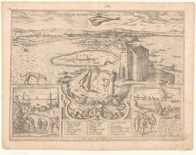 Pohled na výběžek Cádiz Gades ab occiduis insulae partibus (titul na předmětu) od Symon Novelanus (possibly)