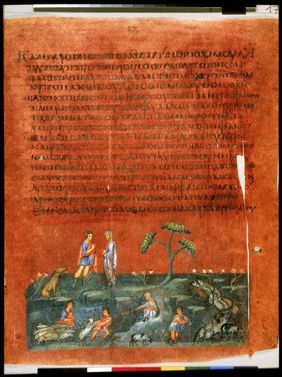Celá strana: text a miniatura: (miniatura): Jákob a Lában při dělení stád (miniatura) od Syrian School