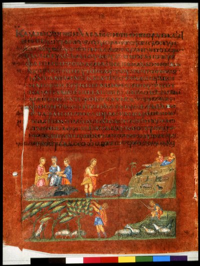 Celá strana: text a miniatura: Laban předává černé ovce svým synům (miniatura) od Syrian School