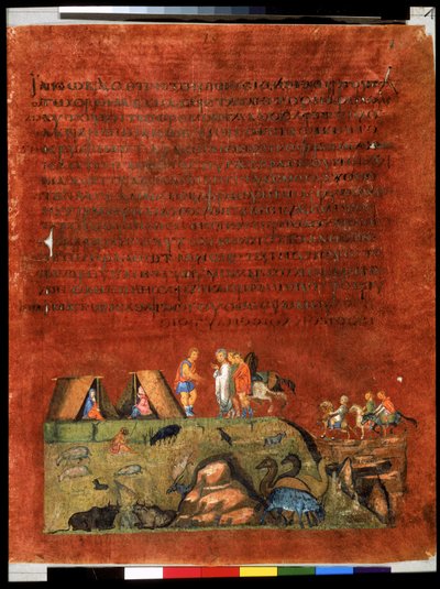 Celá strana: text a miniatura: Laban vyjednává s Jákobem (miniatura) od Syrian School