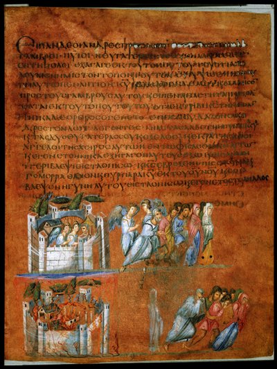 Celá strana: text a miniatura: Záchrana Lota (miniatura na pergamenu) od Syrian School