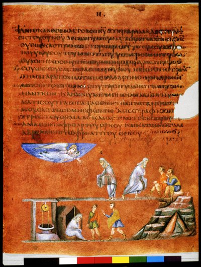 Celá strana: text a miniatura: anděl potvrzující slib daný Abrahamovi (miniatura na pergamenu) od Syrian School