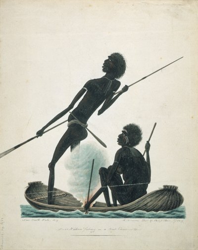 Domorodci lovící v kánoi z kůry, 1819 od T.R. Browne
