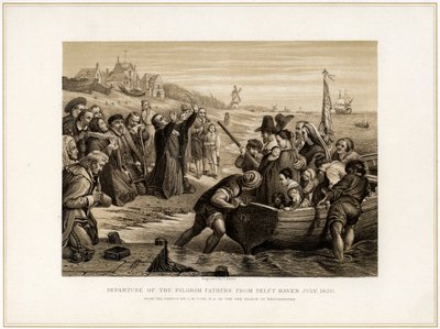 „Odchod otců poutníků z Delft Haven, červenec 1620“, 19. století. od T Bauer