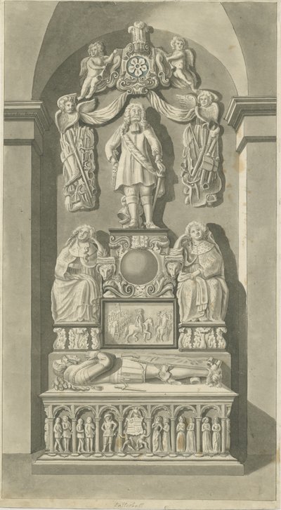 Interiér kostela Patshull – hrobky Astley: sépiová kresba, nd [konec 18. století] (tisk) od T Carter