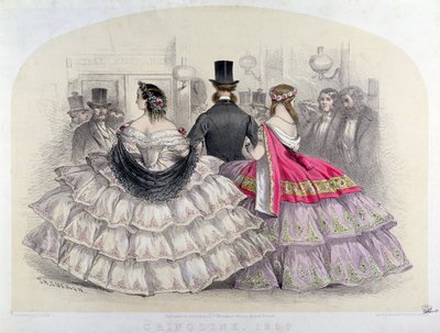 Dámy v krinolínách v Královské italské opeře, Covent Garden, 1859 (barevná rytina) od T. H. Guerin