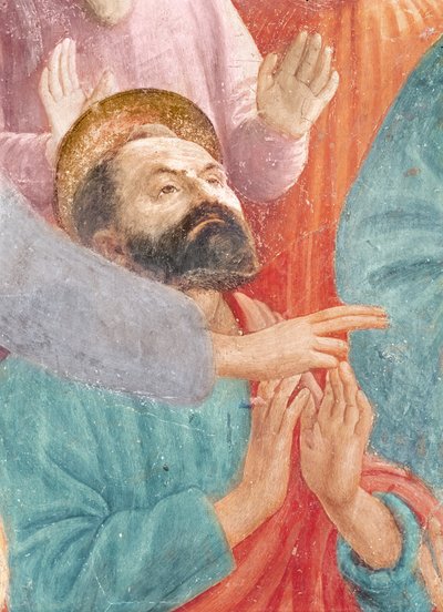 Hlava svatého Pavla ze vzkříšení Theophilova syna a svatého Petra intronizovaného jako prvního biskupa Antiochie, kolem roku 1427 a kolem roku 1484-85 (detail 63302) od Tommaso Masaccio