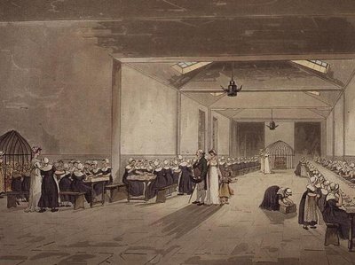 Jídelna, azyl, z Ackermannova „Mikrokosmu Londýna“ od T. and Pugin A.C. Rowlandson