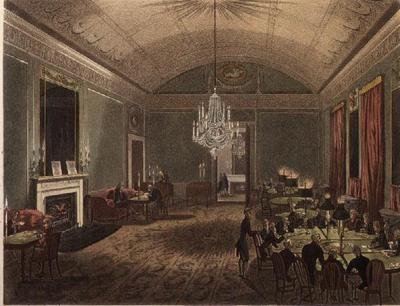 Skvělá předplatitelská místnost u Brookse z Ackermannova „Microcosm of London“ od T. and Pugin A.C. Rowlandson