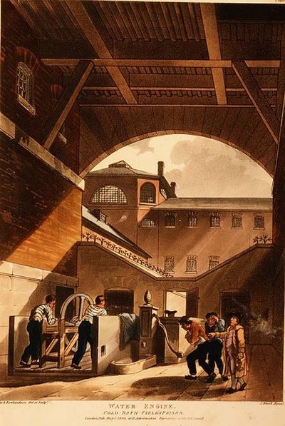 Vodní stroj, Coldbath Fields Prison, od Ackermanna „Microcosm of London“ od T. and Pugin A.C. Rowlandson