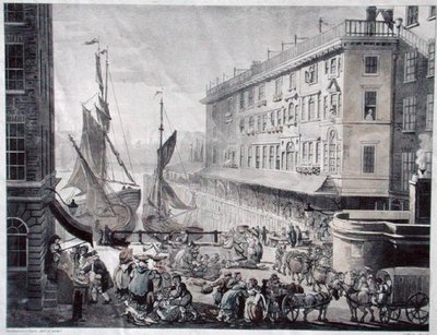 Billingsgate Market, rytina J. Blucka (fl.1791-1819) (akvatinta) od T. and Pugin A.C. (after) Rowlandson
