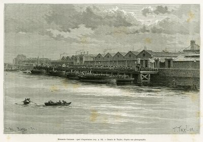 Pivovar Guinness, exportní přístaviště. Rytina od Taylora pro ilustraci příběhu Tři měsíce v Irsku, v roce 1889, Marie Anne de Bovet, in le tour du monde 1890, režie Edouard Charton (1807-1890), Hachette, Paříž. od T Taylor