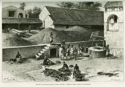 Uvnitř továrny Maurel and Prom v Boulamu se shromažďuje a zpracovává arašídy, palmové mandle a kaučuk. Rytina od Taylora, po fotografii, pro ilustraci příběhu Voyage dans la Senegambie et la Guinee portuguese, v roce 1888, od kapitána A.Brosselarda, od T Taylor