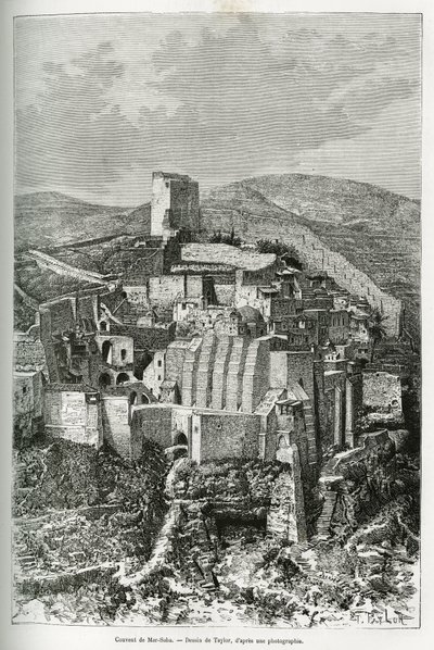 Klášter Mar-Saba (Mar Saba) (Palestina). Taylorova rytina pro ilustraci příběhu dnešní Sýrie od M. Lorteta, děkana lékařské fakulty v Lyonu, pověřeného vědeckým posláním ministerstva veřejného školství, publikovaná v Tou od T Taylor