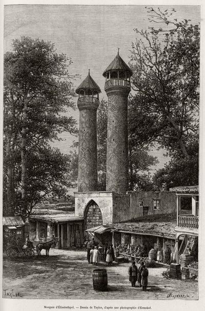 Mešita Elisabethpol (nebo Gandja, nebo Kirovabad, Ázerbájdžán). Rytina od Taylora pro ilustraci příběhu „A travers l