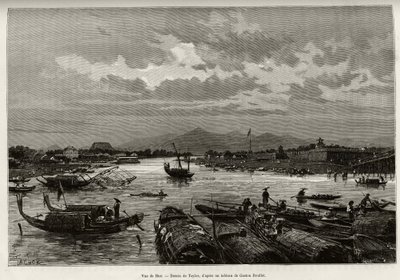 Pohled na Hue (Vietnam), s popisem plavby na řece Song Huong a Pagoda Thien Mu, za obvodovými zdmi. Rytina od Taylora pro ilustraci příběhu „“ Trente mois au Tonkin““ od Dr. Charlese Edouarda Hocquarda (1853-1911), v roce 1885, v od T Taylor