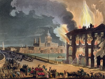 Požár v Albion Mill, Blackfriars Bridge, z Ackermannova „Microcosm of London“ kolem roku 1808-11 (akvatinta) od T. and Pugin A.C. Rowlandson