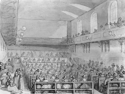 Kvakeři se shromažďují v londýnském Meeting House od T. and Pugin A.C. Rowlandson