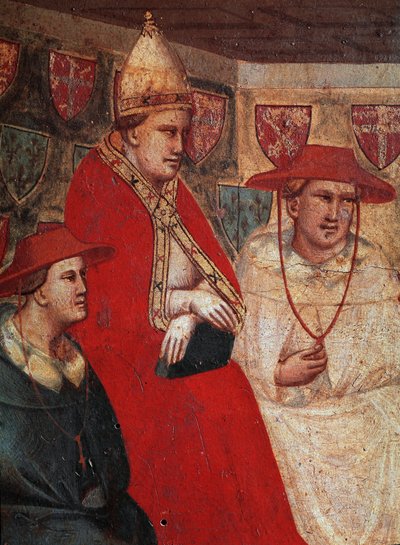 Historie svatého Františka z Assisi: reprezentace papeže Innocenza III (Innocentius) (1160-1216), potvrzení františkánské vlády v roce 1210. Detail. Freska od Taddea Gaddiho (1295/1300-1366), Florencie, Galleria dell