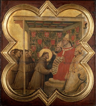 Život svatého Františka z Assisi: Inocent III. potvrzuje františkánskou vládu v roce 1210 - tempera na dřevě od Taddeo Gaddi