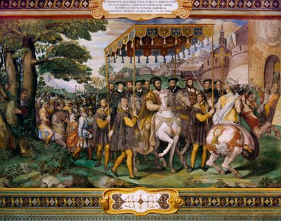 František I. vítá Karla V. a kardinála Alessia Farnese v Paříži, Taddeo Zuccari (1529-1566), Palazzo Farnese, Caprarola, Itálie od Taddeo Zuccari
