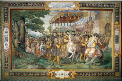 Král František I. přijímá Karla V. a kardinála Alessandra Farnese v Paříži v roce 1540. 1559 od Taddeo Zuccari
