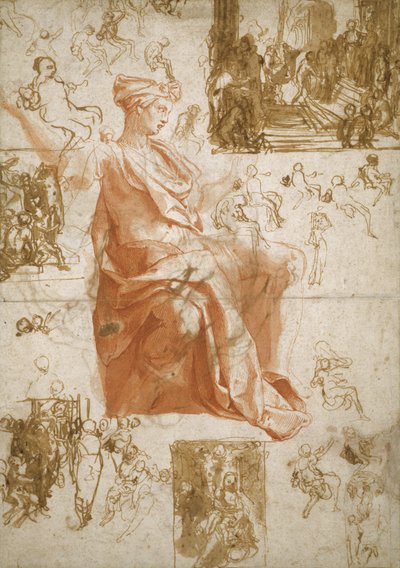 List studií k oslepení Elymas, oběti v Lystře a svaté rodině, kolem roku 1558 od Taddeo Zuccaro