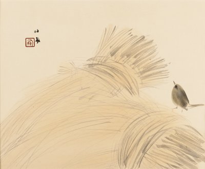 Woodblock print - Wren on corn stook, konec 19.-začátek 20. století od Takeuchi Seiko