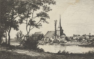 Město s kostelem přes řeku, 19. století. od Tancrède Abraham