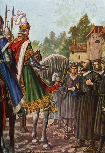 Císař Frederic I. Barberossa (1122-1190) na své druhé cestě do Itálie v roce 1158 míjí řeku Adda a setkává se s lidmi z Lodi, kteří ho prosí, aby získal jejich území zpět. Tancredi Scarpelli (1866-1937) z „Storia d
