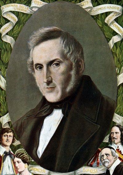 Portrét Alessandra Manzoniho (1785 - 1873), italského spisovatele Ilustrace Tancrediho Scarpelliho (1866-1937) ze „Storia d