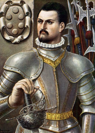 Portrét Jeana de Medicis známého jako Jean des Bands Noires (Giovanni dalle Bande Nere) (1498-1526) Italský kondotiér Ilustrace Tancredi Scarpelli (1866-1937) z „“ Storia d