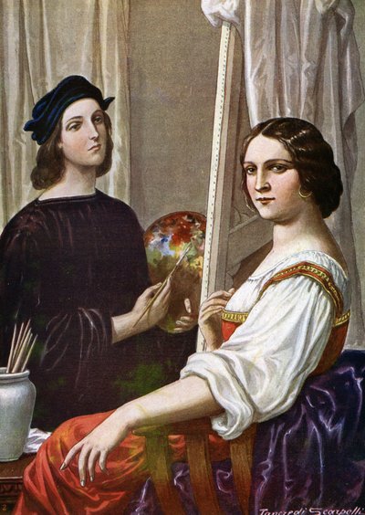 Portrét malíře Raphaela (Raffaello Sanzio 1483 - 1520) malující Fornarinu (italský malíř Raphael a slečna zvaná Fornarina) Ilustrace Tancredi Scarpelli (1866-1937) ze „Storia d