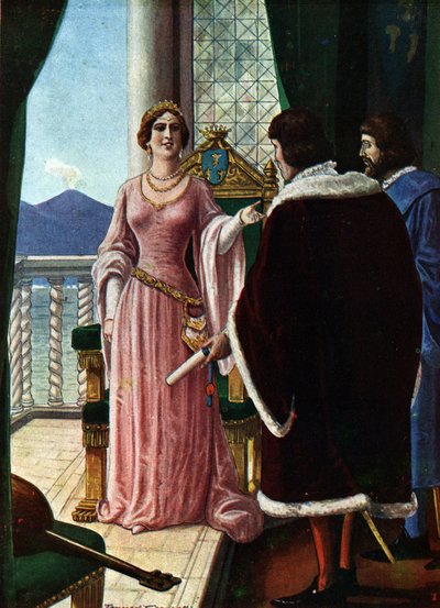 Neapolská královna Joanna II (Giovanna di Napoli nebo Anjou Durazzo) (1373-1435) navrhla svého adoptivního syna Ludvíka III. z Anjou (1403-1434) Ilustrace Tancredi Scarpelli (1866-1937) z „“ Sto od Tancredi Scarpelli