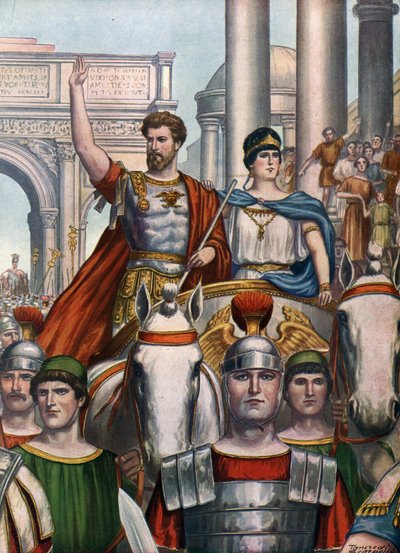 Římský starověk: Císař Septimius Severus (145-211) se vrací do Říma se svou ženou Julií Domnou (170-217) v roce 193 n. l.“ (římský císař Septimius Severus a jeho manželka Julia Domna vstupují do Říma od Tancredi Scarpelli
