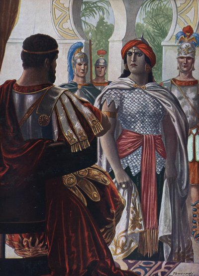 Římský starověk: Imperátor z Palmýry Septimia Bathzabbai Zenobie zajat římským císařem Aurelienem, 272”” (královna palmyrénské říše Zenobia vězeň římského císaře Aureliana, 272 n. l.) Ilustrace Tancredi Scarpelli (1866-19) pořízená od Tancredi Scarpelli