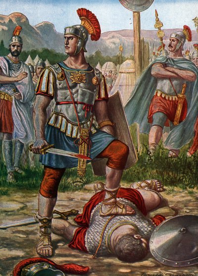 Římský starověk: reprezentace konzula Tita Manlius Imperiosus Torquatus porážejícího Galika v roce 361 př. n. l. - (Titus Manlius Torquatus bojující s galským válečníkem, který napadl římskou armádu a zabil ho, 361 př. n. l.) Ilustrace Tancredi Scarpelli ( od Tancredi Scarpelli