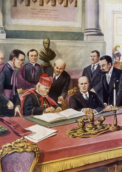 Podepsání Lateránských dohod (Patti lateranensi) mezi italskou vládou (fašistická) a Svatým obležením Vatikánu (St. Siege), které zaručují suverenitu papeže ve Vatikánu a formalizují katolické náboženství v Itálii: kardinál Pietro od Tancredi Scarpelli