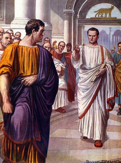 Římský státník Ciceron (Marcus Tullius Cicero) (106-43 př. n. l.) přechází přes spiklence Catilinu (Lucius Sergius Catilina) (108-62 př. n. l.), kterého v roce 63 př. n. l. odsuzuje během projevů katalářů. Ilustrace Tancredi Scarpelli (1866-1937) od Tancredi Scarpelli