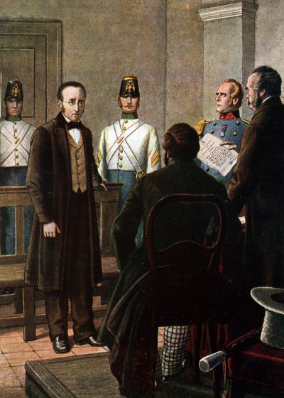 Přečtení věty odsuzující Silvia Pellica (1789 - 1854) a Piera Maroncelliho (1795 - 1846) k uvěznění v pevnosti Spielberg v Brně za jejich příslušnost k hnutí Carbonari (Charbonnerie nebo carboneria) od Tancredi Scarpelli