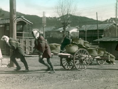Japonští rolníci táhnou na voze pytle s rýží, asi 1900 - 1915 (fotografie) od Teijiro Takagi