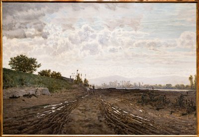 Ráno podél řeky Arno. Kopači písku podél řeky Arno, kolem roku 1868 (olej na plátně) od Telemaco Signorini