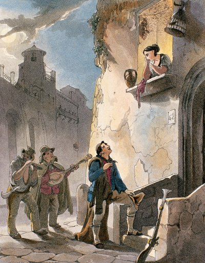 Serenáda, ilustrace z Kostýmů a populárních scén Neapole od Achille Vianelliho, kolem roku 1830 (akvatinta) od Teodoro Guglielmo Witting